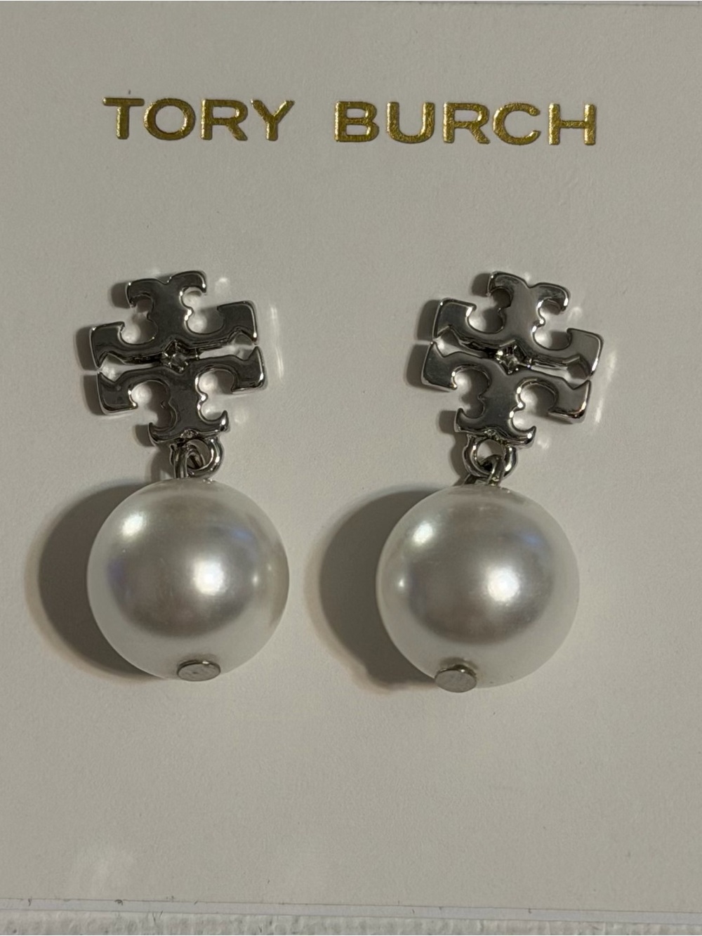 Tory Burch Silver Logo Pearl Drop Earrings - White
